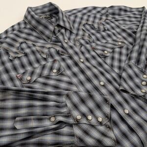 Panhandle Slim Western Shirt Mens‎ Large Blue Plaid Pearl Snap Distressed Cowboy